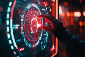 A futuristic control panel with holographic displays showing precise data measurements, with a glowing hand making adjustments to the interface