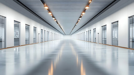 Fototapeta premium Long white corridor stretches with glass doors and warm lighting creates a modern ambiance.