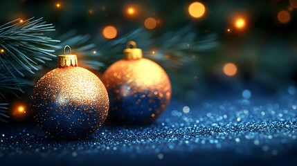 Glittering Blue and Gold Christmas Ornaments Shine Brightly on a Sparkling Background with Soft Lights