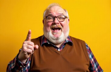 Fototapeta premium Portrait, eyes in focus, overweight excited elderly smiling man with glasses and big beard, pointing up, wearing a checkered shirt and a brown knitted vest. Yellow background with shadow