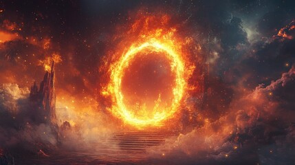 A fiery ring portal in the clouds, leading to a mystical realm.