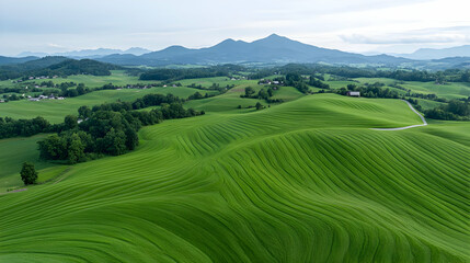 Obraz premium Aerial view of rolling green hills, farmland, and distant mountains