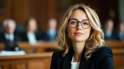 A poised female lawyer with glasses sits in a courtroom, exuding confidence as she prepares for a case surrounded by an attentive audience in the background.