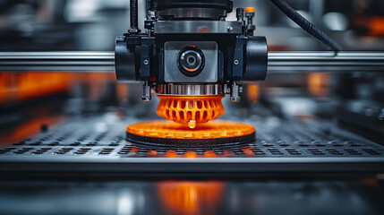 Fototapeta premium 3D Printer Creates Intricate Orange Object Layer by Layer with Precision in Modern Workshop.