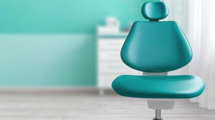 A modern teal office chair in a bright room, featuring a sleek design and comfortable padding, ideal for work or relaxation.