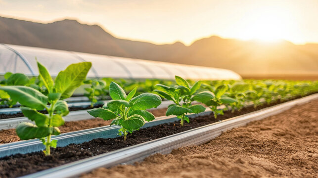 Greenhouses powered by renewable energy support thriving crops in semi arid landscape, illuminated by golden sunset