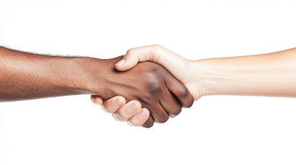 Two hands of different skin tones shaking in a gesture of agreement and unity against a white background, Independence Day concepts.
