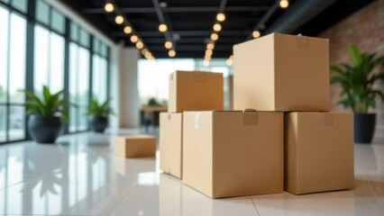 Cardboard boxes in an office lobby symbolize corporate relocation and transition