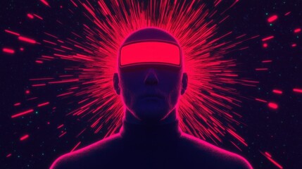 A mysterious figure with a glowing red visor, surrounded by vibrant energy bursts, evokes themes of technology and the future.