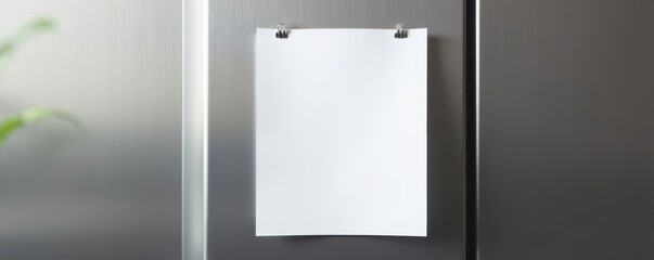 Blank white paper sheet adhered to a stainless steel fridge door , magnet, sheet