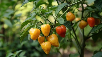 Vibrant Yellow and Orange Habanero Peppers Growing on a Lush Green Plant