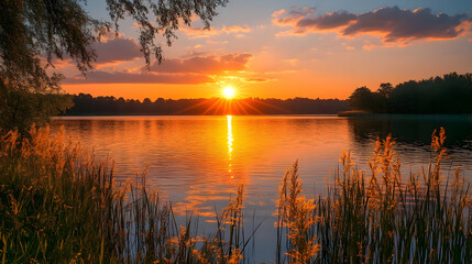 Fototapeta premium Sunset Over Lake Creates Stunning Orange Reflection, with Reeds and Trees Silhouetted Beautifully