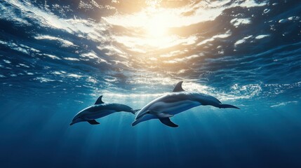 A dolphin and baby calf swimming side by side in a peaceful ocean scene
