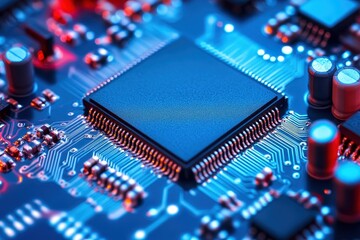 Obraz premium Close-Up View of a Microchip on a Circuit Board with Vibrant Colors