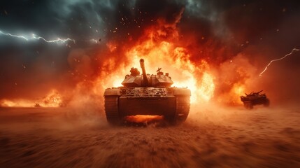 An intense scene of tanks surrounded by flames with thunderbolts illuminating the sky, signifying the brutality and unpredictability of warfare and conflict.