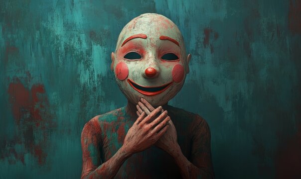Smiling, red-cheeked mask person with clasped hands, textured backdrop.