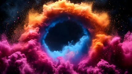 Colorful powder explosion creates a vibrant abstract circle on a dark background dramatically.