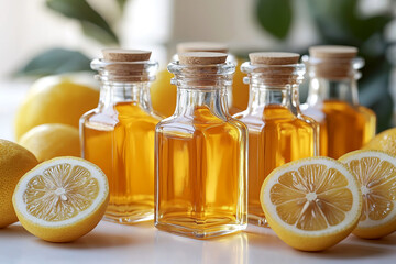 Set of small glass bottles filled with golden concentrated lemon juice for lemonade, bitter lemon drinks and cocktails or lemon tonic among sliced lemons in a bright sunlit setting, detox drinks