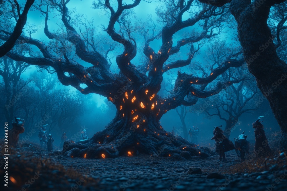 Poster A magical forest illuminated by a glowing tree in the center, its branches radiating light and surrounded by mythical creatures in awe