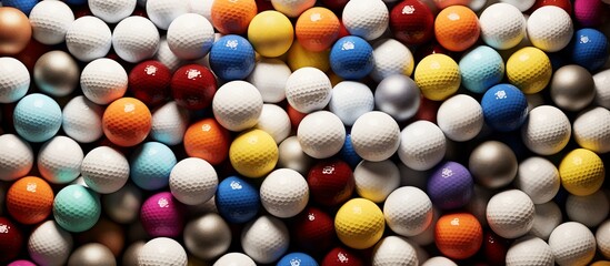 Fototapeta premium Colorful assortment of golf balls scattered on a surface, showcasing various designs and hues