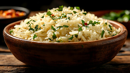 Fluffy White Rice Cooked Perfectly and Sprinkled with Fresh Herbs in a Wooden Bowl