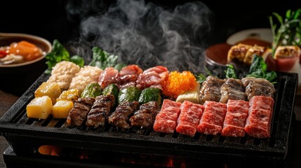 A variety of meats and vegetables are grilled on a hot plate. Steam rises from the food, creating a delicious and inviting aroma.
