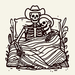 Fototapeta premium A whimsical illustration of two skeletons cuddling under a blanket, with a cowboy hat, surrounded by plants, conveying a playful and quirky vibe.