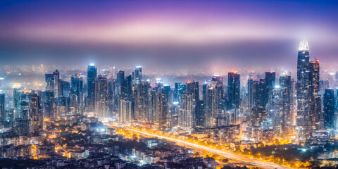 Obraz premium Night City Skyline with Fog and Light Trails.