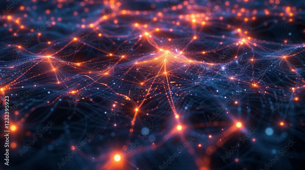 Poster Colorful nodes and connecting lines create an intricate tapestry resembling a digital network, showcasing the flow of information in a tech inspired design.