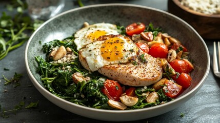 Bowl with eggs, chicken, spinach and mushrooms.