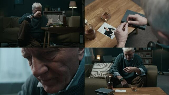 Split screen of gray-haired elderly Caucasian man drinking whiskey, looking at photo of ex-wife twisting ring in fingers, sitting in dark living room and reminiscing old memories
