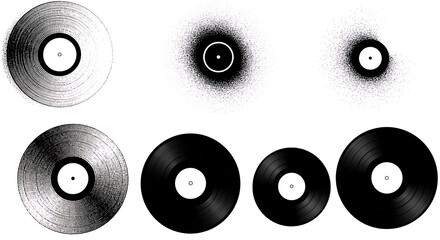 Trendy halftone stipple elements with photocopy effect. Vintage vinyl records, gramophone discs Grunge punk dotted stickers for collage, modern retro vector illustration for poster, print, music cover