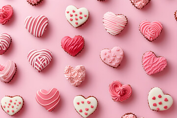 Decorated heart-shaped cakes on a pink background, Valentine's Day wallpaper