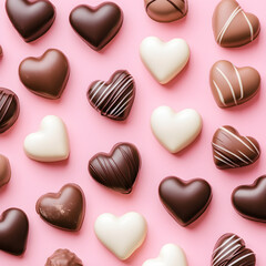 Heart-shaped chocolates on a pink background, Valentine's Day wallpaper
