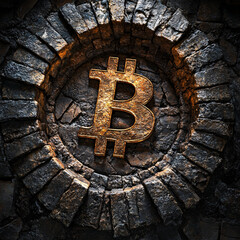 Bitcoin coin embedded in a hole in a rough stone wall realistic photography