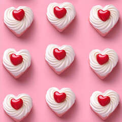 Heart-shaped cream cakes on a pink background, Valentine's Day wallpaper