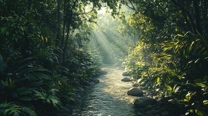 Fototapeta premium A tranquil jungle trail with dappled sunlight filtering through.