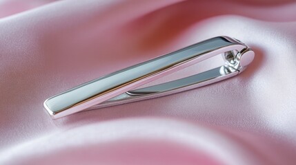 Close-up of a polished silver tie clip, shining subtly against a soft pink background