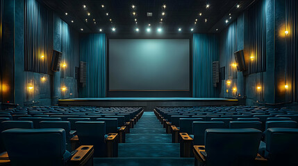 Naklejka premium Empty Cinema Auditorium Shows Rows of Seats, Screen, and Stage, Ready for a Show