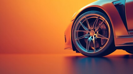 A luxury car wheel with a sleek metallic finish, captured against a smooth orange surface
