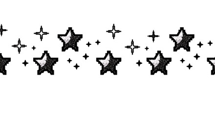 Fototapeta premium Pixel sparkling stars seamless border. Trendy modern retro 90s 8bit game style glitter graphic element for branding, packaging, prints. Vector illustration isolated on transparent background