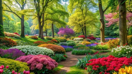 Fototapeta premium Dense foliage and vibrant green trees surround a carpet of colorful flowers in full bloom during springtime , nature scenery, tree bark