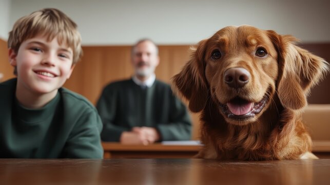 A cheerful young boy sharing a playful moment with a smiling dog in a courtroom setting, displaying the light-heartedness that contrasts with the surrounding seriousness.