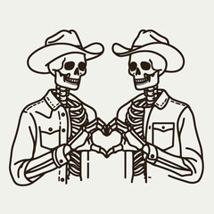 Naklejka premium Two skeletons in cowboy hats create a heart shape with their hands, blending themes of love and Western culture.