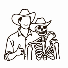 Fototapeta premium A playful illustration of a cowboy giving a thumbs-up alongside a skeleton, both wearing hats, showcasing a humorous friendship.
