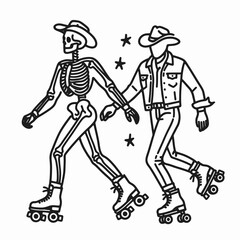 Fototapeta premium A whimsical illustration featuring a skeleton and a cowboy rolling together on skates, blending fun and creativity.