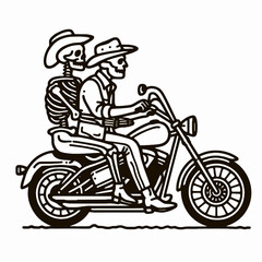 A fun illustration of a skeleton duo riding a motorcycle, combining elements of humor and adventure.