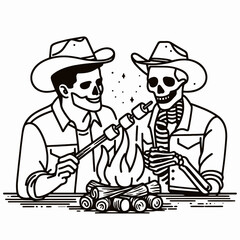 A whimsical illustration of a cowboy and a skeleton roasting marshmallows over a campfire, blending humor with a spooky theme.