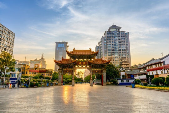 Kunming City China Jinbi square the ancient archway in morning light.