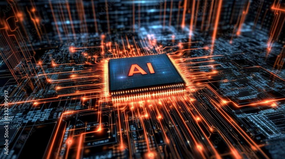 Poster close up view of a computer processor with glowing orange circuits and the letter ai in the center. 